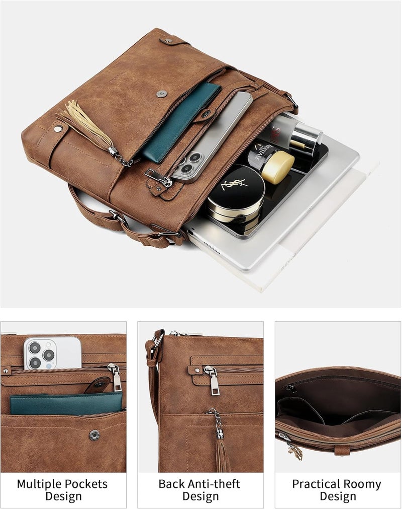 FADEON Large Crossbody Purses for Women Crossbody Bag, Designer Leather Cross Body Purses Multi Pocket Shoulder Bag - Image 3